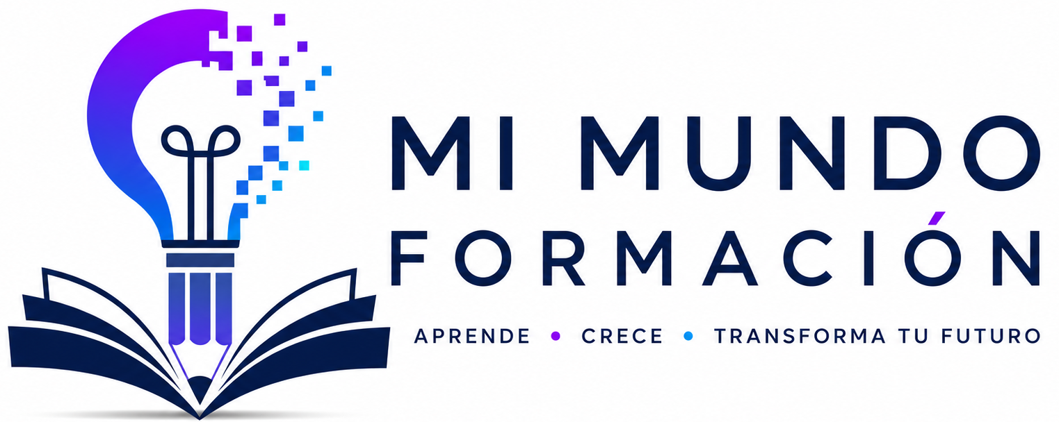 logo de bombilla con lapiz punta fusionado encima de un libro, acompañado del texto "mi mundo formación, aprende, crece, transforma tu futuro".